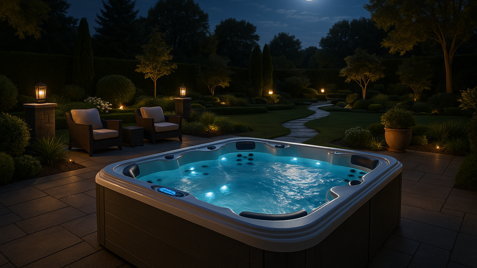 hot tub under moonlight in an upscale backyard
